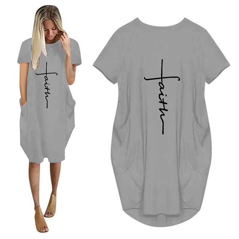 Graues Damenkleid mit "Faith"-Aufdruck, kurze Ärmel, Taschen, lässiger Stil.