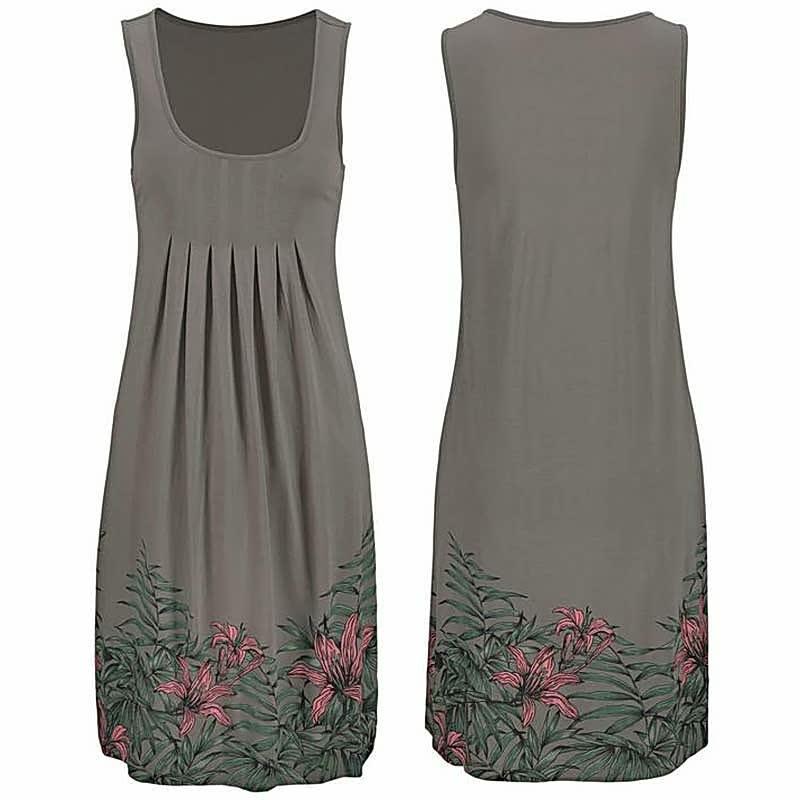 Ärmelloses Damenkleid, olivgrün, mit Blumenmuster, Sommermode, knielang, Baumwolle.