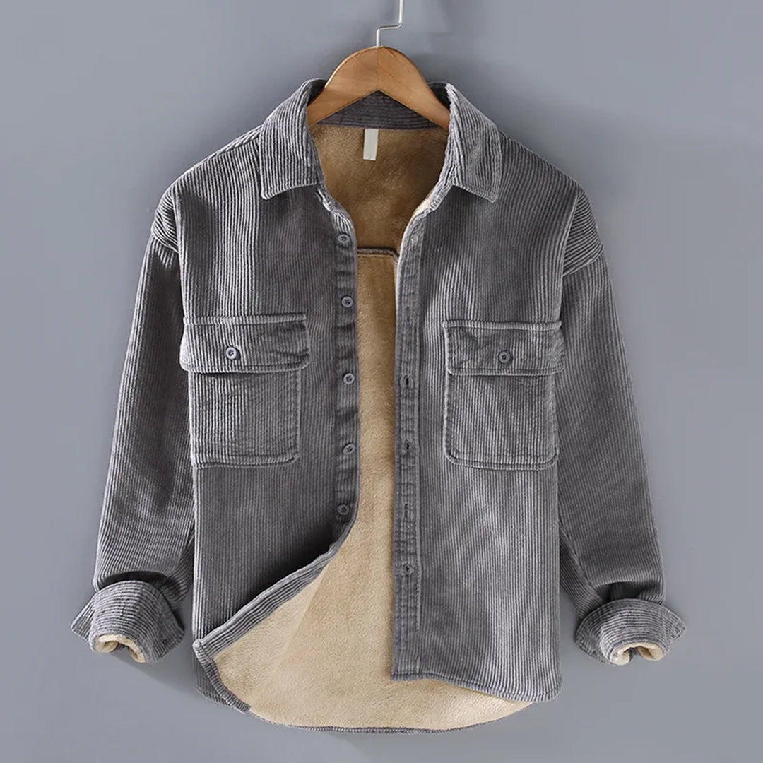 Graues Cordhemd mit Fleece-Futter, Herrenmode, warm, langärmelig, Knopfleiste, Taschen.