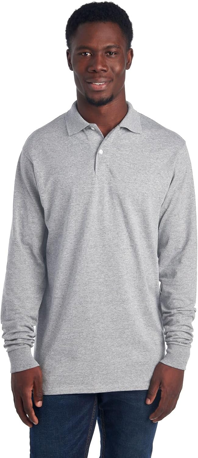 Graues Langarm-Poloshirt für Herren, Baumwolle, klassischer Stil, Freizeitmode.