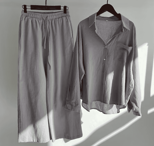 Graues Leinen-Pyjama-Set, langärmeliges Hemd und Hose, bequem, lässig, für Damen.