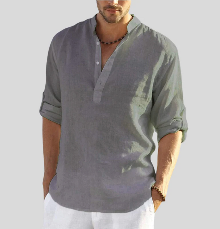 Graues Leinenhemd für Herren mit Stehkragen, lässig, langärmlig, ideal für Sommermode.