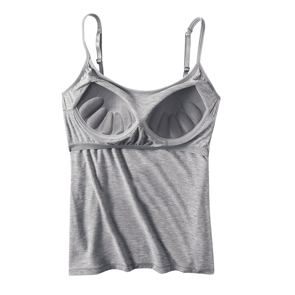 Graues Stilltop aus Baumwolle mit integrierten BH-Cups, verstellbare Träger, bequemes Design.
