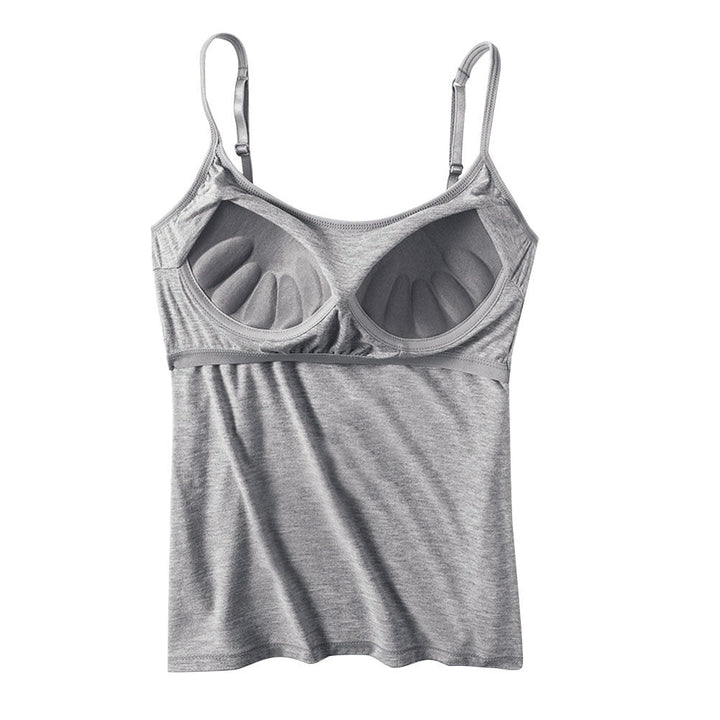 Graues Stilltop aus Baumwolle mit integrierten BH-Cups, verstellbare Träger, bequemes Design.