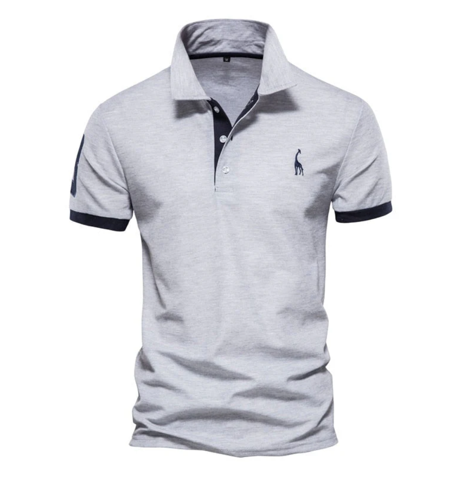 Graues Herren-Poloshirt, Kurzarm, Baumwolle, mit Kragen, Stickerei, Freizeitmode.