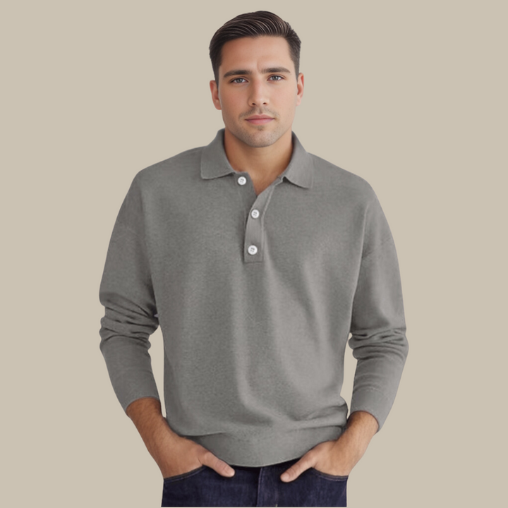 Grauer Herrenpullover, Langarm, Polokragen, Baumwolle, Freizeitmode, elegantes Design.