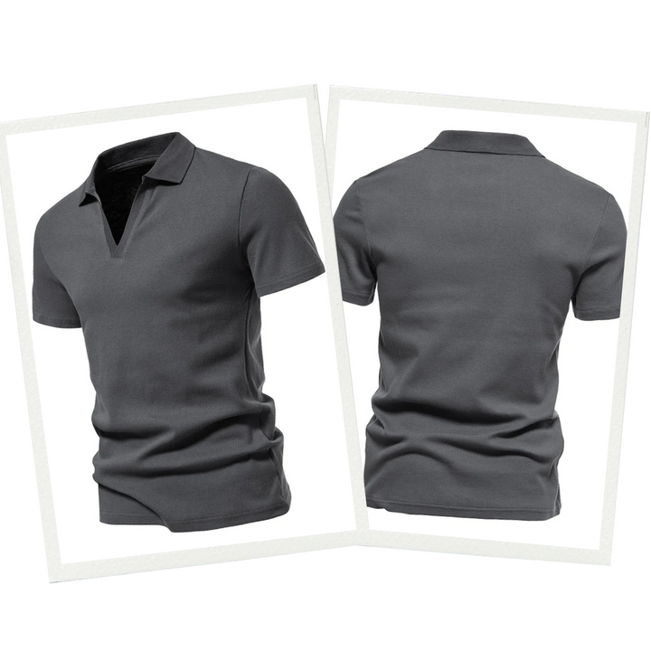 Graues Herren-Poloshirt aus Baumwolle, Vorder- und Rückansicht, kurzärmelig, klassischer Stil.