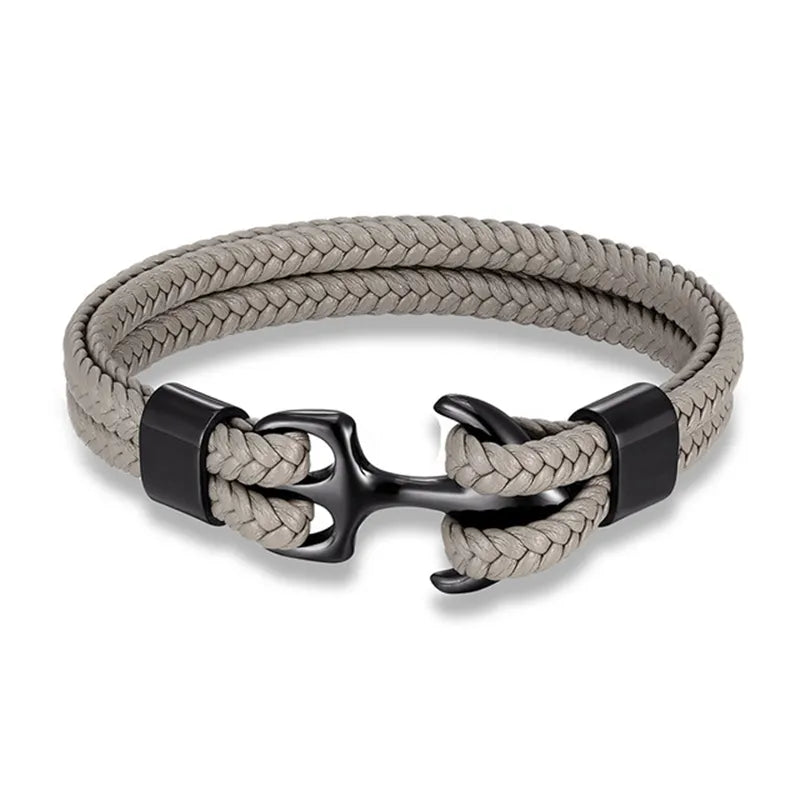Graues Ankerarmband aus geflochtenem Leder mit schwarzem Verschluss, maritimer Schmuck.