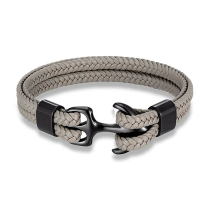 Graues Ankerarmband aus geflochtenem Leder mit schwarzem Verschluss, maritimer Schmuck.