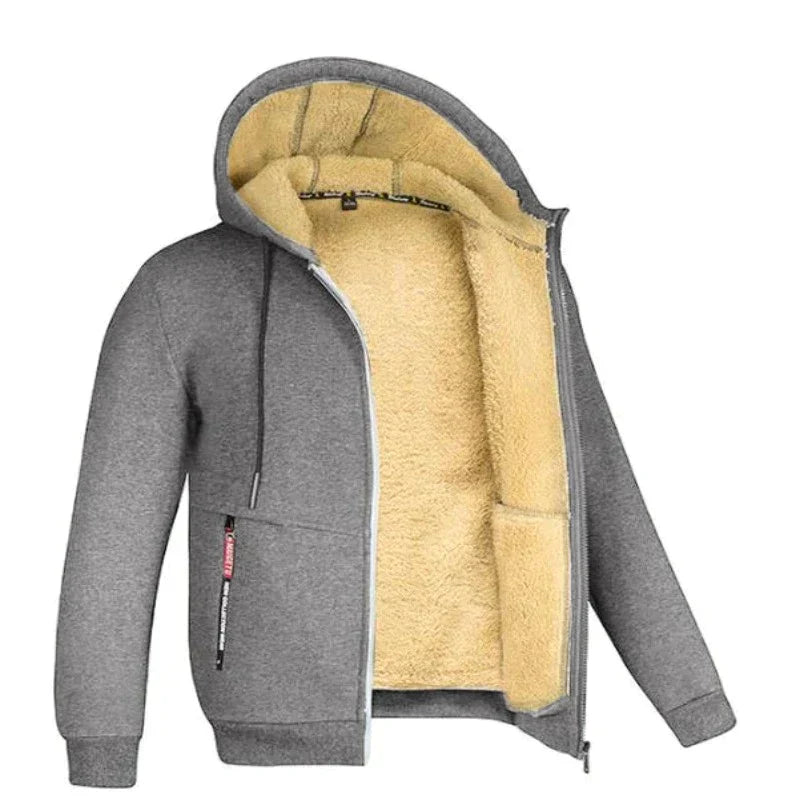 Graues Herren-Sweatshirt mit Reißverschluss, Sherpa-Futter, Kapuze, Wintermode.