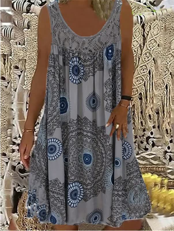 Graues Sommerkleid mit blauem Mandala-Muster, ärmellos, lässig, Damenmode.