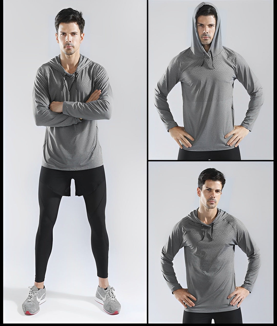 Mann in grauem Sport-Hoodie und schwarzer Leggings, Fitnessmode, Sportbekleidung für Herren.