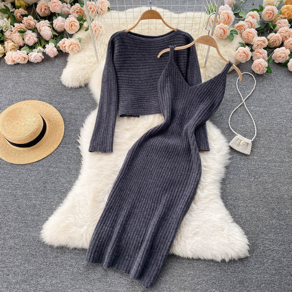 Graues Strickkleid Set, ärmelloses Kleid und Pullover, Damenmode, elegant, Herbstmode.