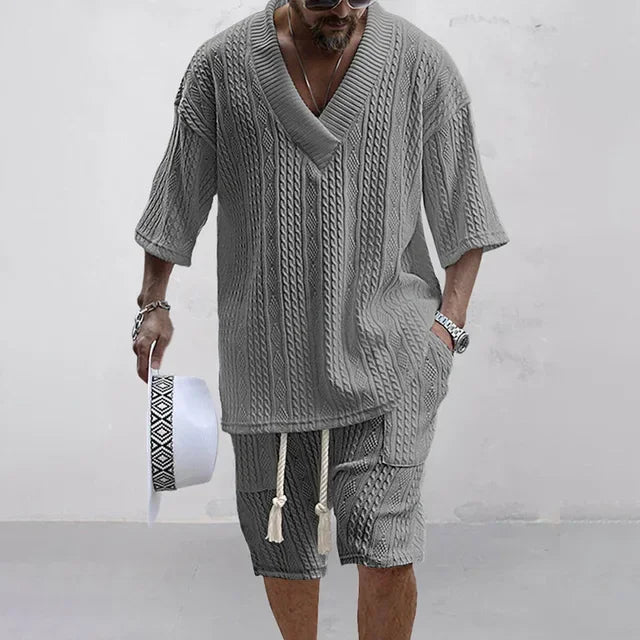 Graues Strickset Herren, V-Ausschnitt Pullover, kurze Hose, lässig, modisch, Baumwolle.