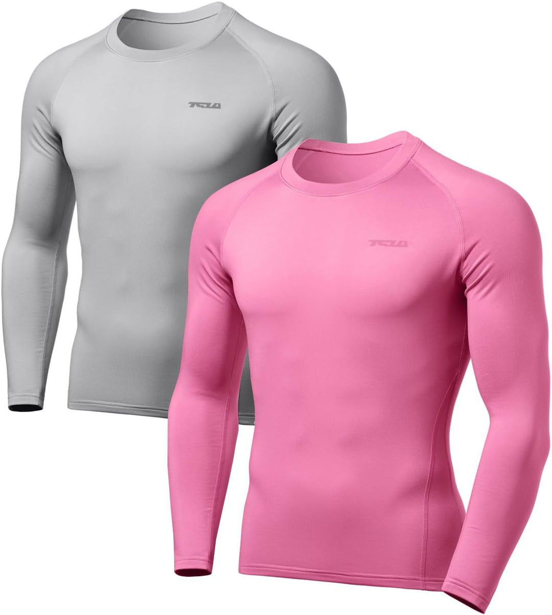 Zwei langärmlige Kompressionsshirts, grau und pink, für Herren, Sportbekleidung.