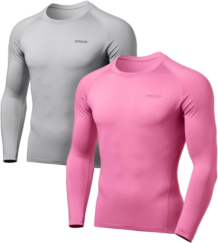 Zwei langärmlige Kompressionsshirts, grau und pink, für Herren, Sportbekleidung.