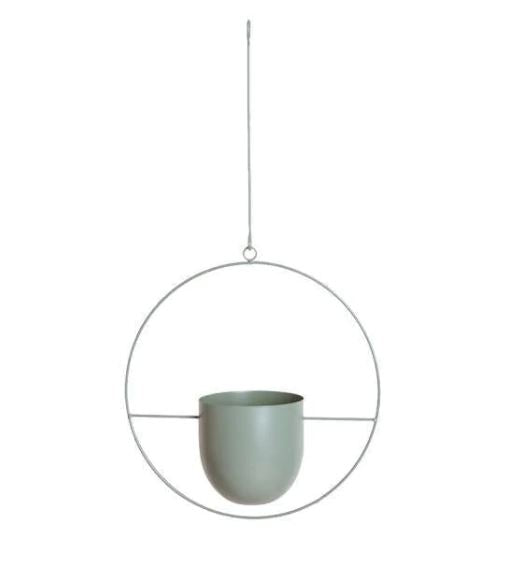 Grauer hängender Blumentopf aus Metall, rund, modern, minimalistisch, Inneneinrichtung.