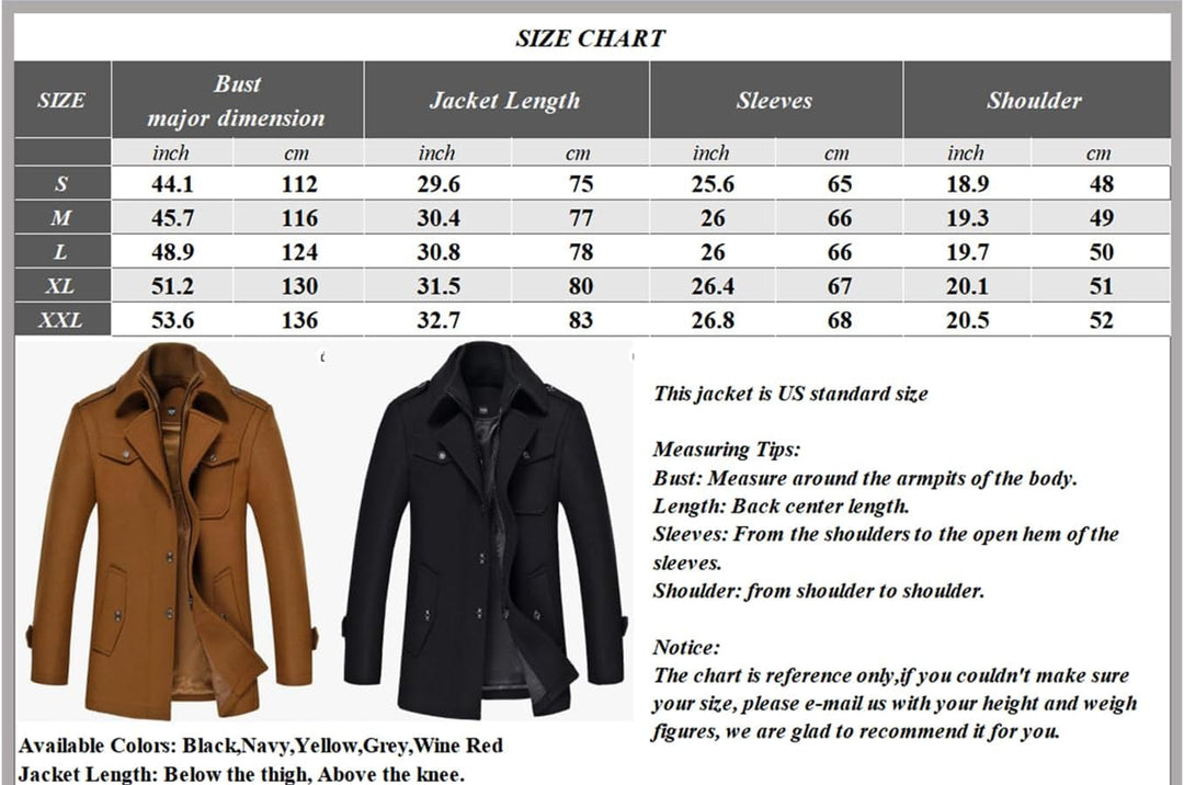Größentabelle für Herrenjacke, Größen S bis XXL, in Braun und Schwarz.