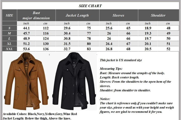 Größentabelle für Herrenjacke, Größen S bis XXL, in Braun und Schwarz.