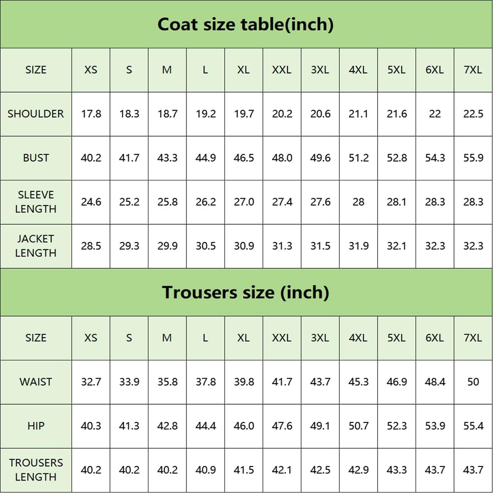 Größentabelle für Mäntel und Hosen in Zoll, grüne Tabelle, Größen XS bis 7XL.