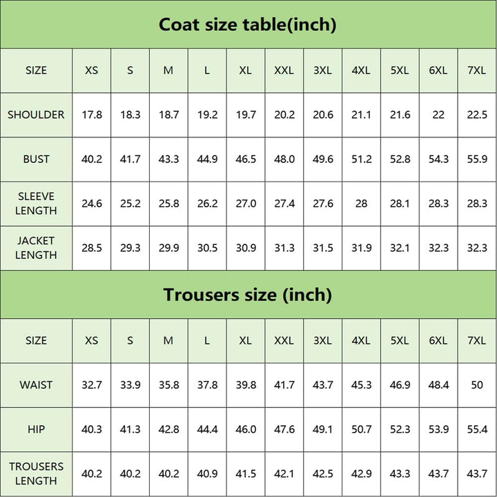 Größentabelle für Mäntel und Hosen in Zoll, grüne Tabelle, Größen XS bis 7XL.