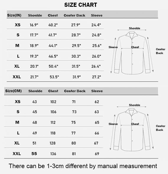 Größentabelle Hemd, Maße in Zoll und cm, XS bis XXL, Schulter, Brust, Rücken, Ärmel.