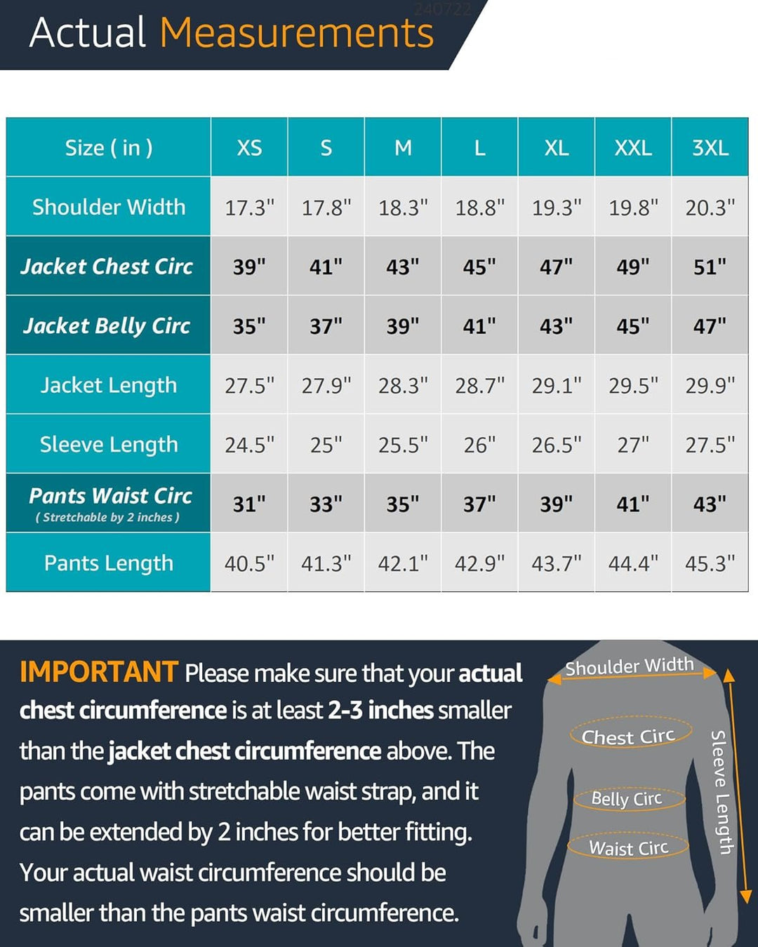 Größentabelle für Jacken und Hosen, Maße in Zoll, XS bis 3XL, mit wichtigen Hinweisen.