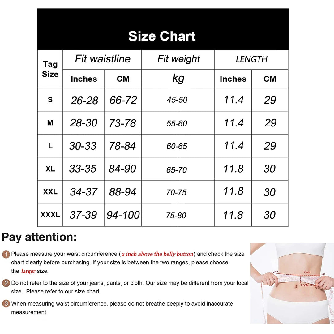 Größentabelle für Taillentrainer, Größen S-XXXL, Maße in Zoll und cm, Gewicht in kg.