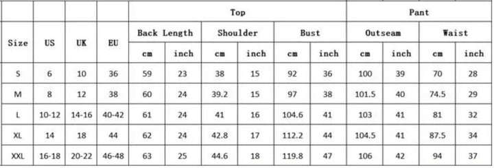 Größentabelle für Damenbekleidung, US-UK-EU Größen, Maße in cm und inch, Top und Hose.