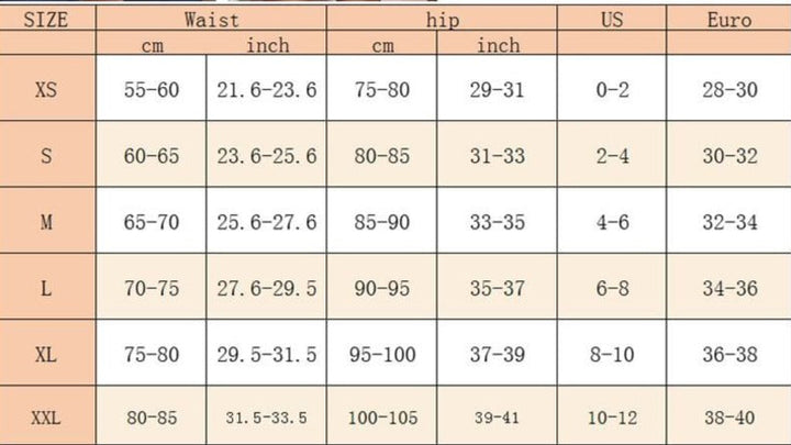 Größentabelle für Damenhosen, Größen XS bis XXL, Maße in cm und Zoll, US- und Euro-Größen.