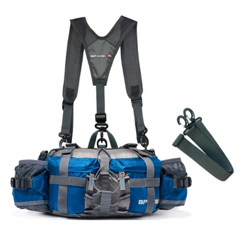 Blauer Angelrucksack mit Trägern, multifunktional, wasserdicht, ideal für Outdoor-Aktivitäten.