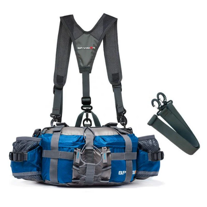 Blauer Angelrucksack mit Trägern, multifunktional, wasserdicht, ideal für Outdoor-Aktivitäten.