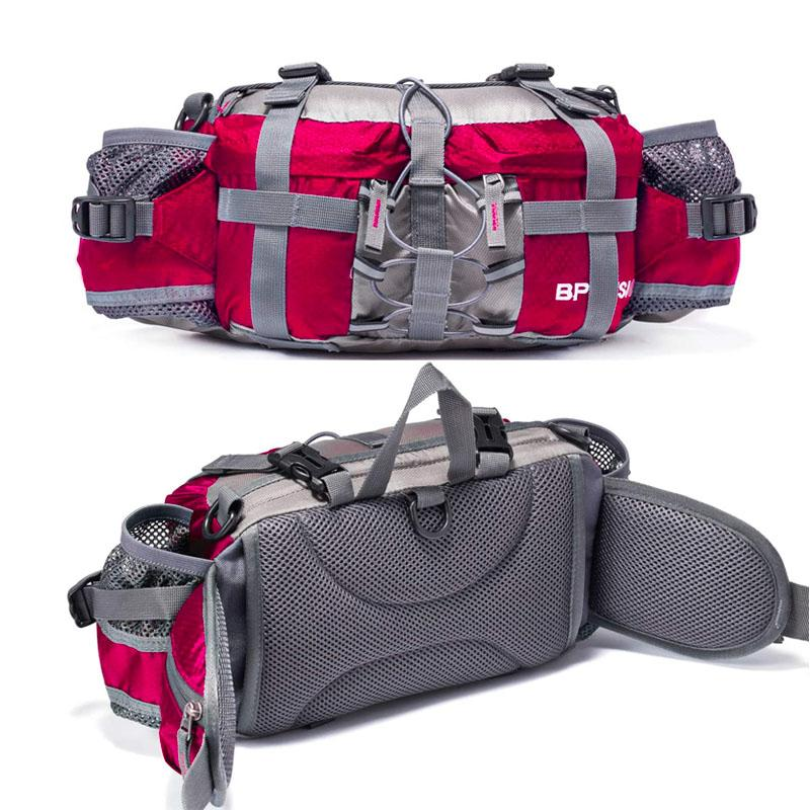 Roter Wanderrucksack mit grauen Gurten, mehrere Taschen, atmungsaktives Material.