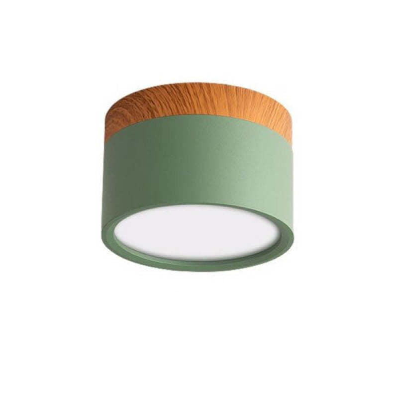 Grüne Deckenleuchte mit Holzdetails, moderne LED-Lampe, runde Form, Innenbeleuchtung.