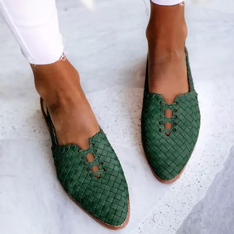 Grüne Damen Slipper, geflochtenes Leder, modisch, bequem, für Sommer, Freizeitkleidung.