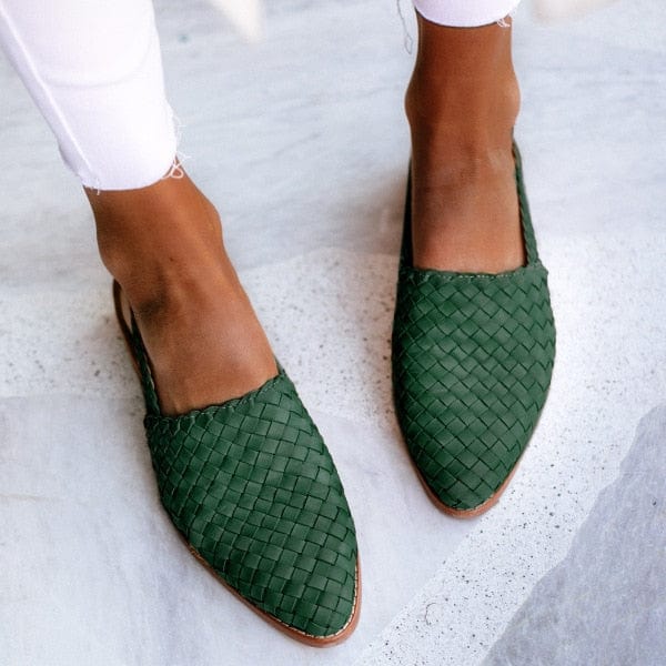 Grüne geflochtene Damen-Slipper aus Leder, modisch, bequem, ideal für Sommer.