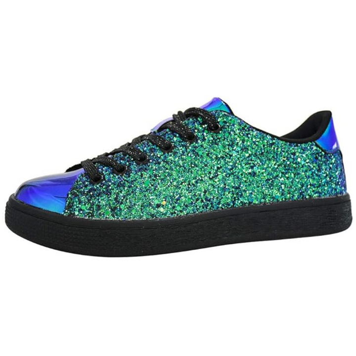 Grüner Glitzer-Sneaker, Damen, schwarzer Schnürsenkel, modisch, glänzend, Freizeit, Schuhe.