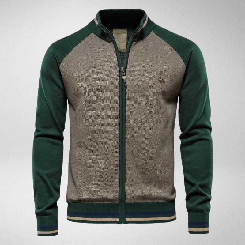 Grüne Herren-Strickjacke mit Reißverschluss, Raglanärmeln und gestreiftem Kragen, Baumwolle.