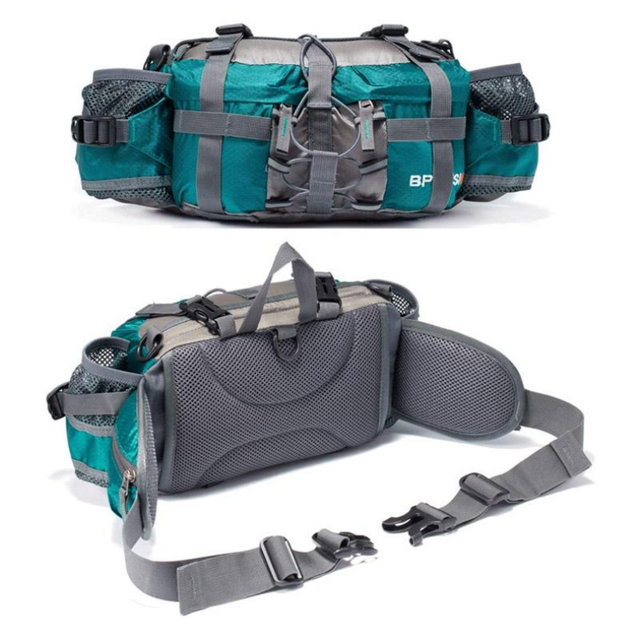 Grüner Wanderrucksack mit mehreren Taschen, verstellbaren Gurten, atmungsaktivem Material.