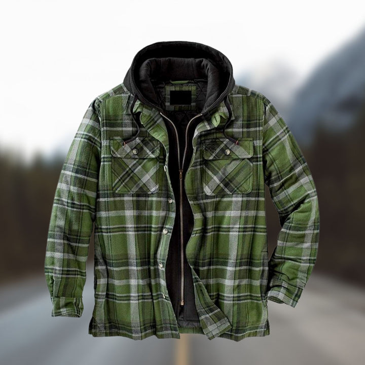 Grüne karierte Herrenjacke mit Kapuze, warmes Flanell, Outdoor-Bekleidung, modisch.
