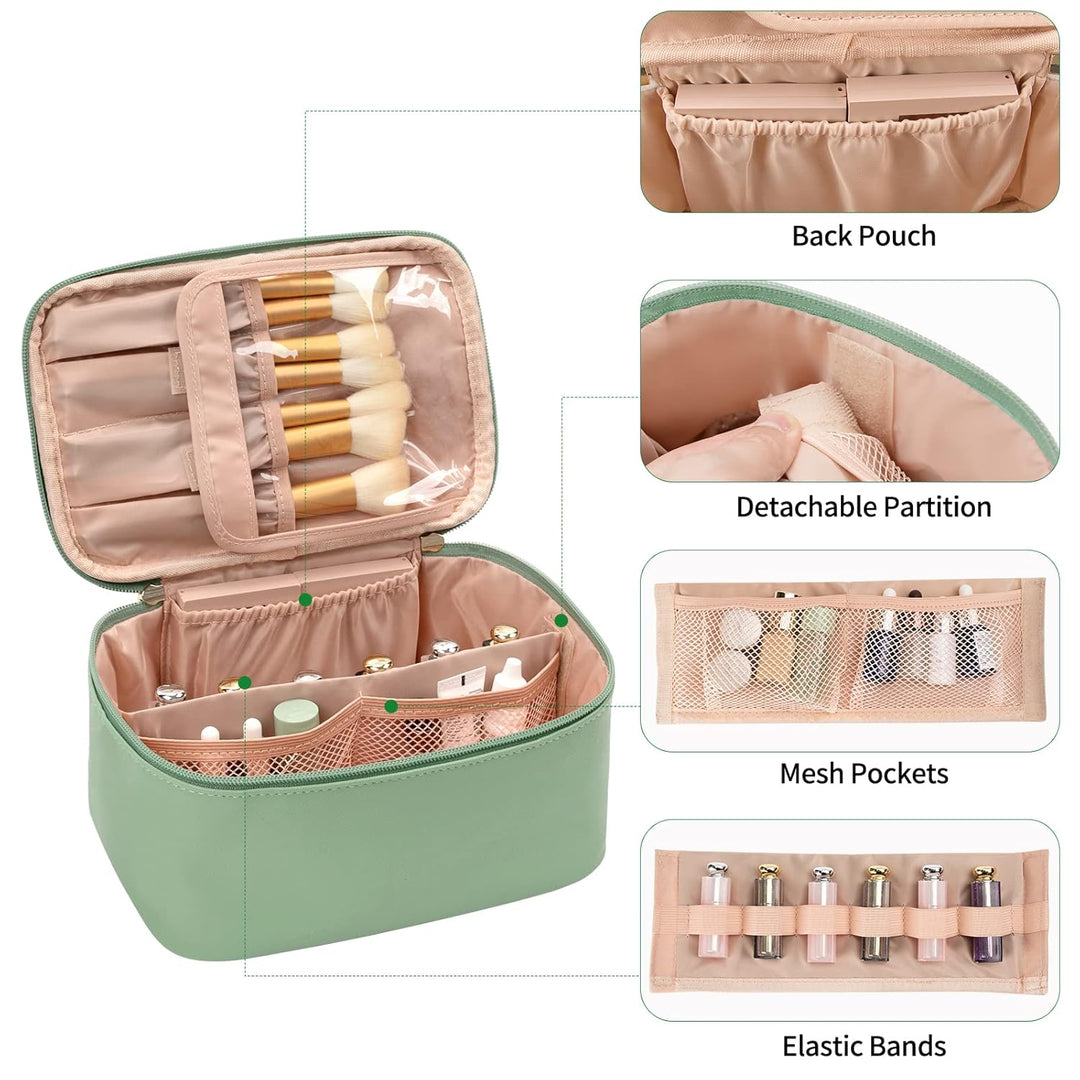 Grüne Kosmetiktasche mit Fächern, Mesh-Taschen, elastischen Bändern, ideal für Reisen.