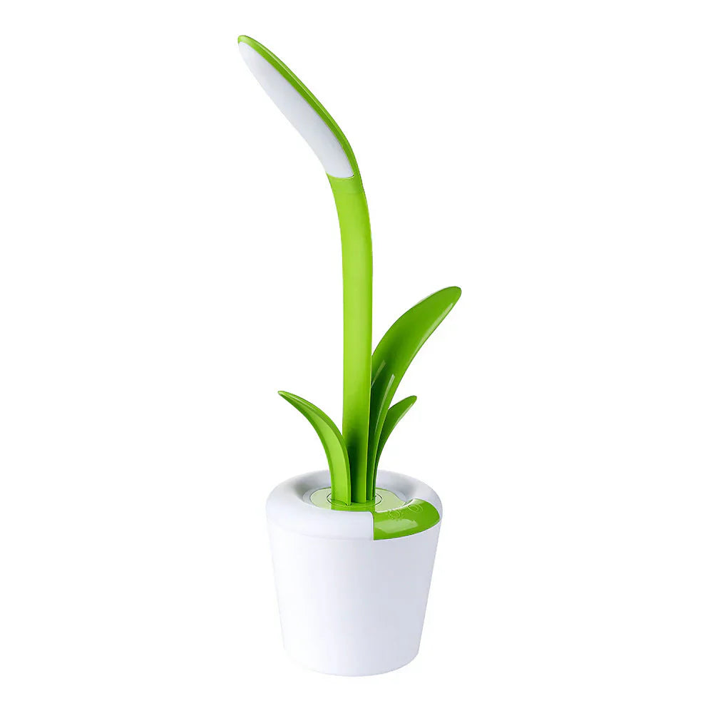 Grüne LED-Schreibtischlampe in Pflanzenform, modern, energiesparend, weißer Topf.