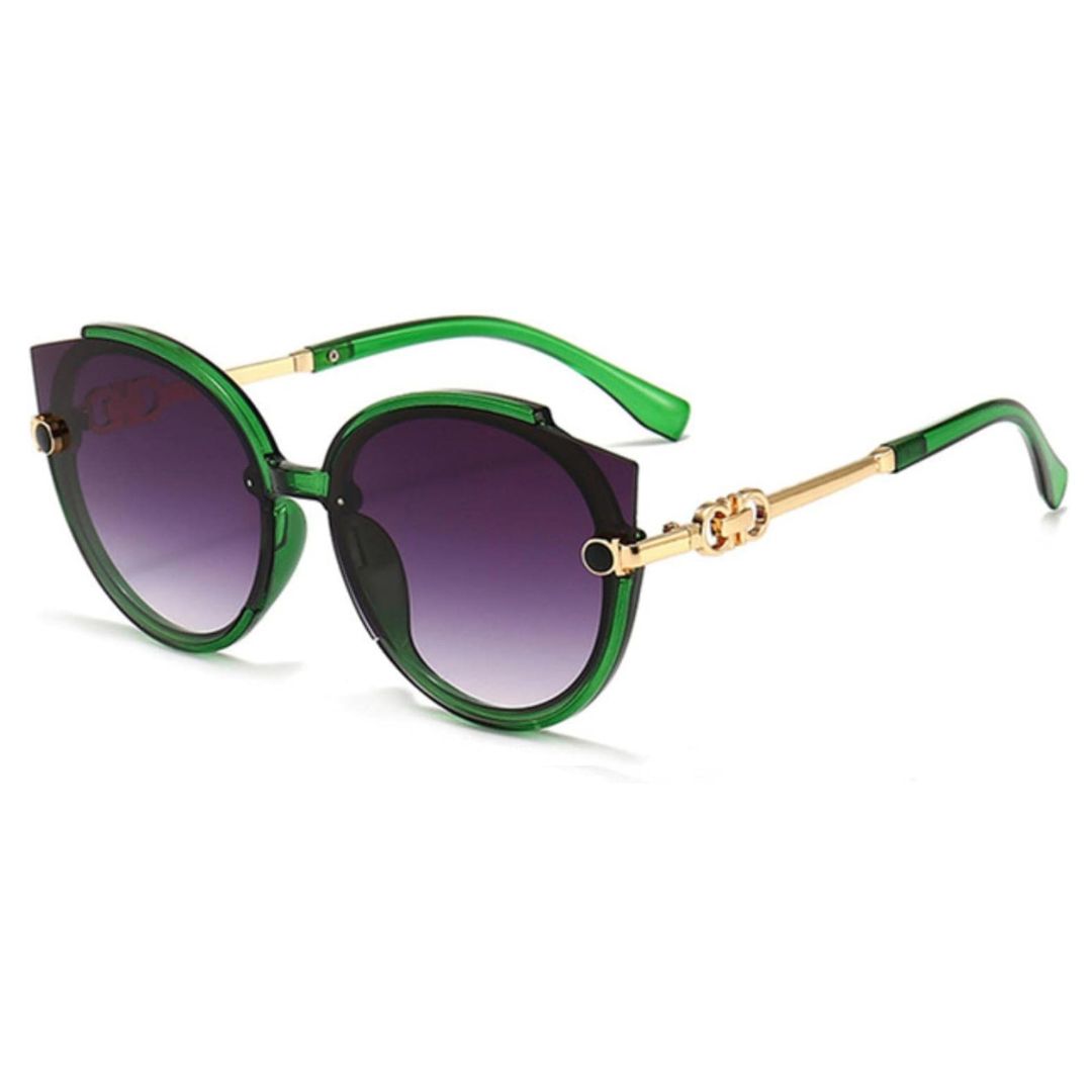 Grüne Damen-Sonnenbrille mit goldenen Bügeln, modisches Accessoire, UV-Schutz.