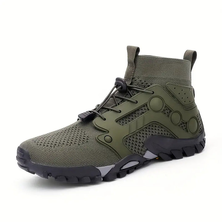 Grüner Outdoor-Wanderschuh, atmungsaktiv, rutschfest, für Herren, robustes Design.