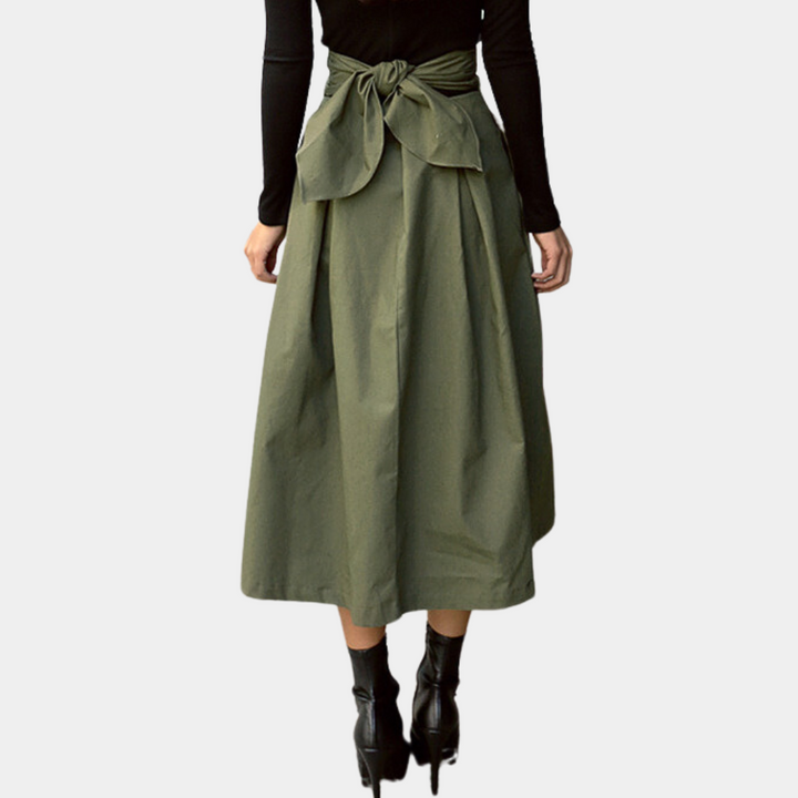 Grüner Midirock mit Schleife, Damenmode, eleganter Stil, Baumwolle, knielang, Rückansicht.