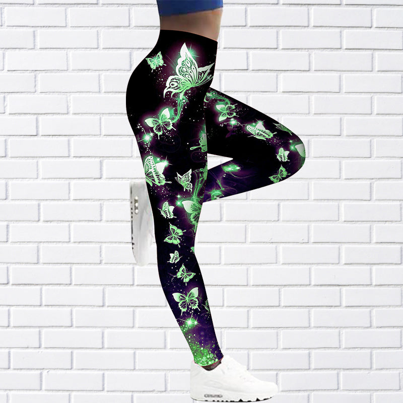 Damen-Leggings mit grünem Schmetterlingsmuster, schwarz, elastisch, Sportbekleidung.