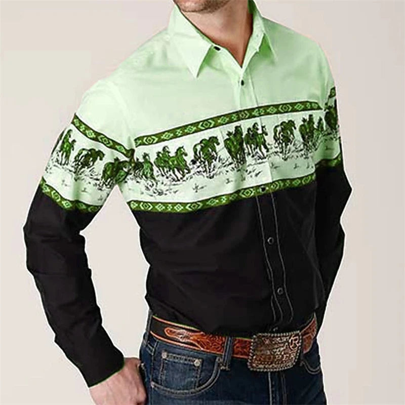 Männer Cowboyhemd, grün-schwarz, Westernstil, Langarm, Baumwolle, mit Pferdemotiv.