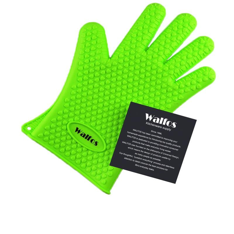 Grüner Silikon-Ofenhandschuh mit Noppen, hitzebeständig, rutschfest, Walfos Marke.