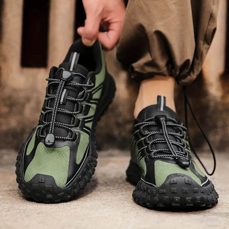 Grüne Outdoor-Schuhe mit rutschfester Sohle, ideal für Wandern und Trekking.