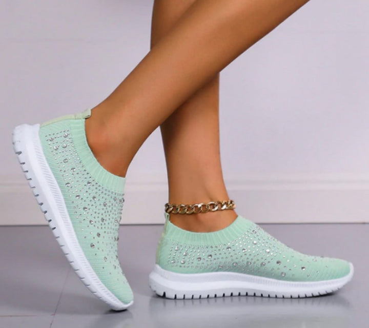 Damen Sneaker grün Strass, rutschfest, atmungsaktiv, modisch, bequem, Freizeit, Mode.